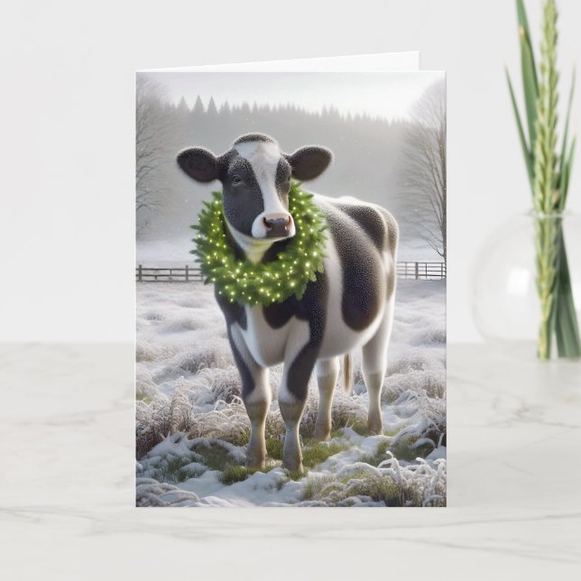 Christmas Holstein Cow Wearing Holiday Wreath (Front)