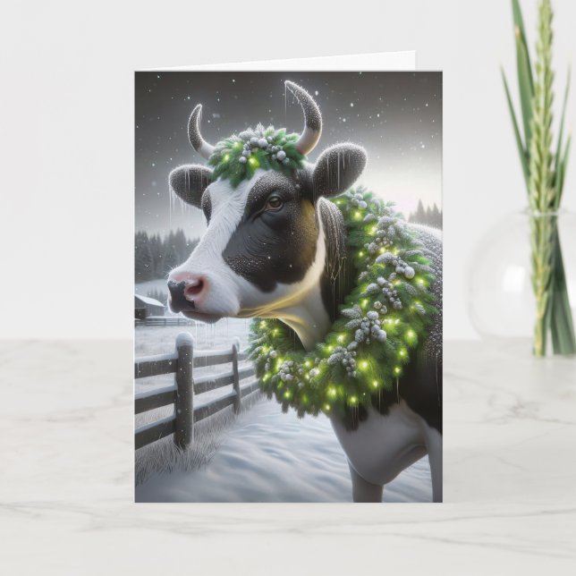 Christmas Holstein Cow With Glowing Wreath Holiday Card (Front)