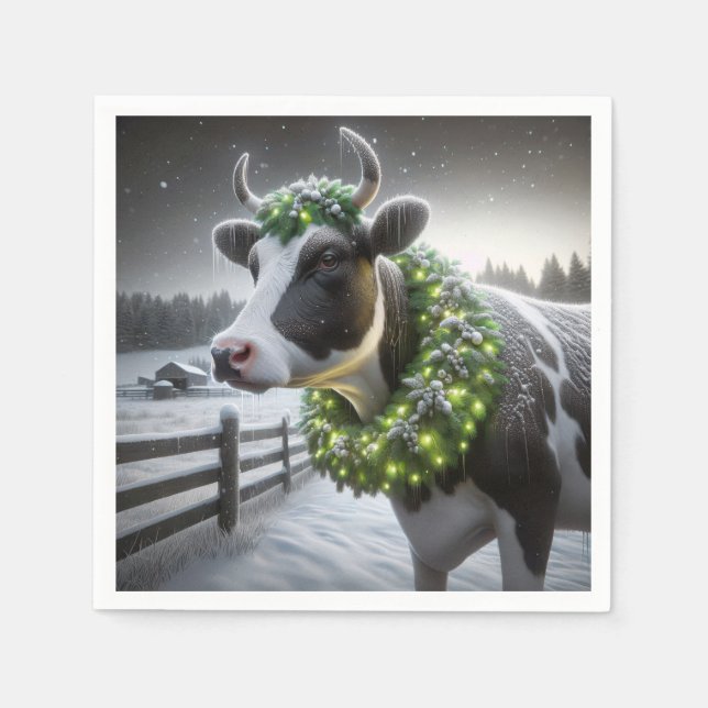 Christmas Holstein Cow With Glowing Wreath Napkins (Front)