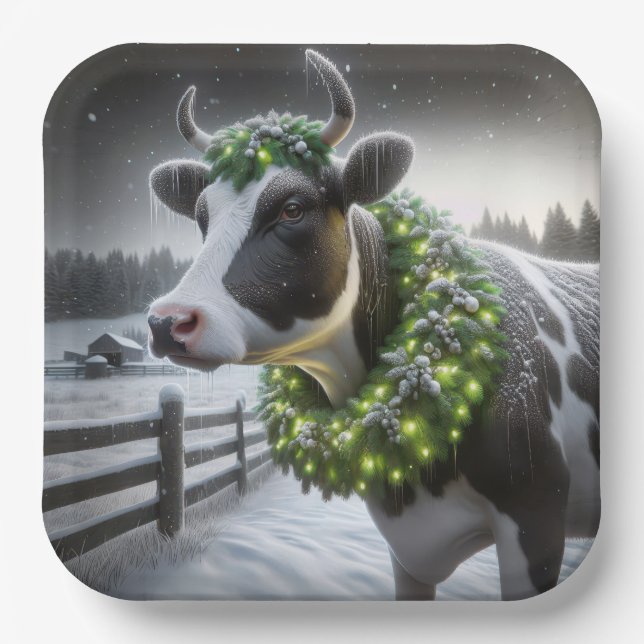 Christmas Holstein Cow With Glowing Wreath Paper Plates (Front)