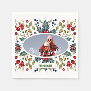 Christmas Holy Berries Wreath Photo Monogram Napkins