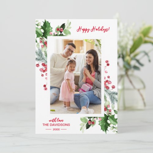 Christmas Holy Berry Happy Holidays Photo Family Holiday Card