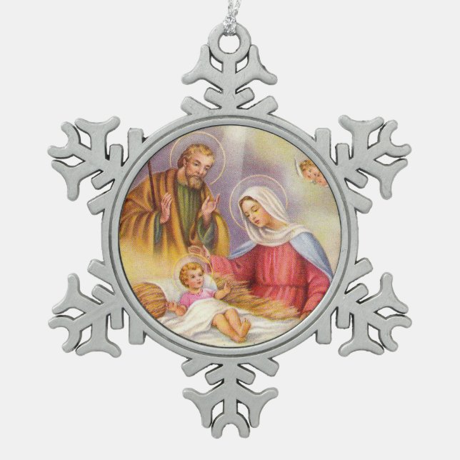 Christmas Holy Family Nativity Jesus Mary Joseph Snowflake Pewter Christmas Ornament (Front)