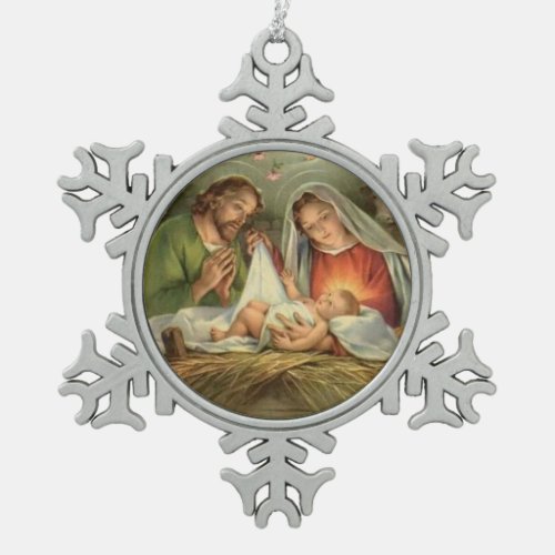 Christmas Holy Family Nativity Jesus Mary Joseph Snowflake Pewter Christmas Ornament