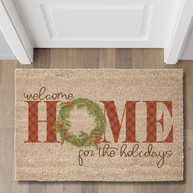 Christmas Home For The Holidays Plaid Wreath Fiber Doormat (Creator Uploaded)