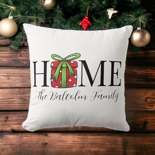 Christmas Home Red Present Family Name Throw Pillow