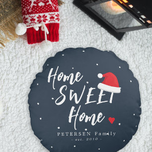 Christmas home sweet home Santa hat family name Round Pillow