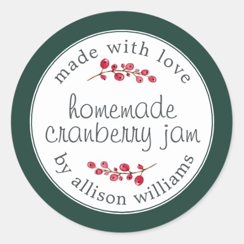 Christmas Homemade Cranberry Jam Can Dark Green Classic Round Sticker