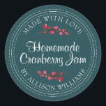 Christmas Homemade Cranberry Jam Can Deep Teal Classic Round Sticker<br><div class="desc">Rustic and modern homemade Christmas jam canning cranberry jam jar sticker with the text made with love, homemade cranberry jam and your name in modern script on a deep teal background with a stylish touch of cranberries. Simply add your name and the product name to the label. Exclusively designed for...</div>