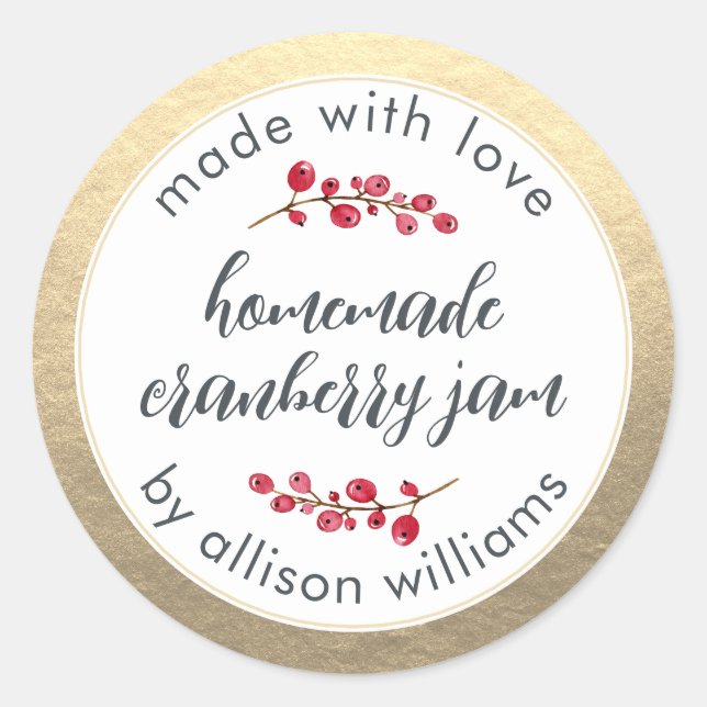 Christmas Homemade Cranberry Jam Can Gold  Classic Round Sticker (Front)