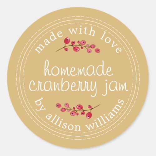 Christmas Homemade Cranberry Jam Can Gold Yellow Classic Round Sticker