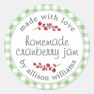 Christmas Homemade Cranberry Jam Can Green Check Classic Round Sticker