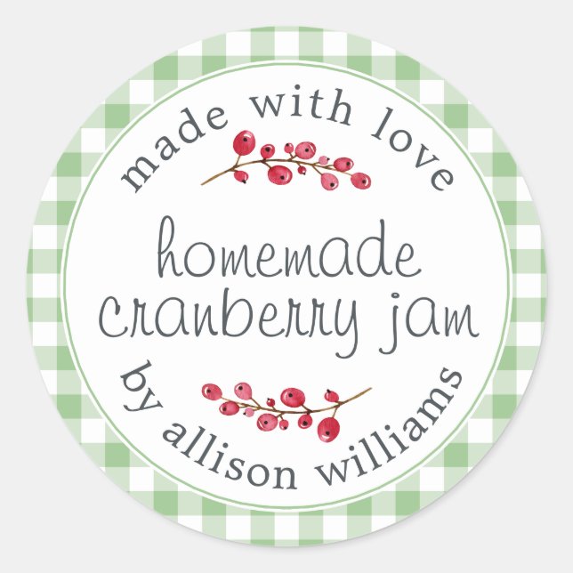 Christmas Homemade Cranberry Jam Can Green Check Classic Round Sticker (Front)