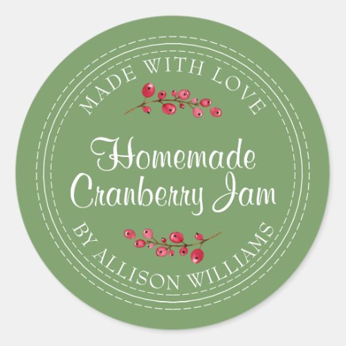 Christmas Homemade Cranberry Jam Can Meadow Green Classic Round Sticker