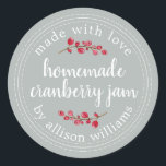 Christmas Homemade Cranberry Jam Can Storm Gray Classic Round Sticker<br><div class="desc">Rustic and modern homemade Christmas jam canning cranberry jam jar sticker with the text made with love, homemade cranberry jam and your name in white chic script calligraphy and modern typography on a storm gray background with a stylish touch of cranberries. Simply add your name and the product name to...</div>