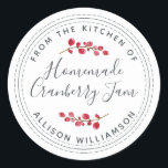Christmas Homemade Cranberry Jam Canning White Classic Round Sticker<br><div class="desc">Rustic and modern homemade Christmas jam canning cranberry jam jar sticker with the text from the kitchen of, homemade cranberry jam and your name in off-black chic script calligraphy and modern typography on a white background with a stylish touch of cranberries. Simply add your name and the product name to...</div>