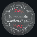 Christmas Homemade Cranberry Jam Chalkboard Classic Round Sticker<br><div class="desc">Rustic and modern homemade Christmas jam canning cranberry jam jar sticker with the text made with love, homemade cranberry jam and your name in modern script on a chalkboard background. Simply add your name and the product name to the label. Exclusively designed for you by Happy Dolphin Studio. If you...</div>
