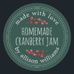 Christmas Homemade Cranberry Jam Dark Green Classic Round Sticker<br><div class="desc">Rustic and modern homemade Christmas jam canning cranberry jam jar sticker with the text made with love, homemade cranberry jam and your name in modern stylish script typography on a dark green background with a stylish touch of cranberries. Simply add your name and the product name to the label. Exclusively...</div>
