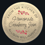 Christmas Homemade Cranberry Jam Gold Classic Round Sticker<br><div class="desc">Rustic, chic and modern homemade Christmas jam canning cranberry jam jar sticker with the text from the kitchen of, homemade cranberry jam and your name in black chic script calligraphy and modern typography on a champagne gold background with a stylish touch of cranberries. Simply add your name and the product...</div>