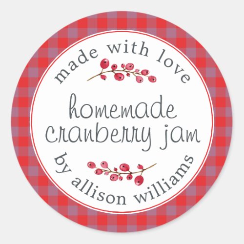 Christmas Homemade Cranberry Jam Red Purple Check Classic Round Sticker