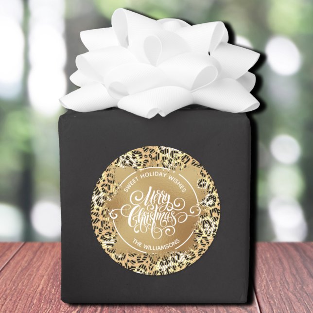 Christmas Homemade Holiday Baking Leopard Classic Round Sticker (Merry Christmas on gold sweet holiday wishes homemade stickers on leopard print)