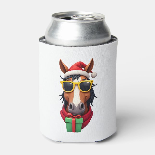 Christmas Horse Back Riding Santa Xmas Women Girls Can Cooler (Can Front)