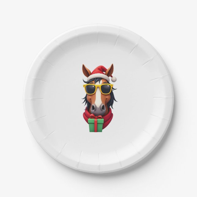 Christmas Horse Back Riding Santa Xmas Women Girls Paper Plates (Front)