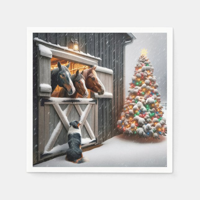 Christmas Horse Barn With Australian Shepherd Dog Napkins (Front)