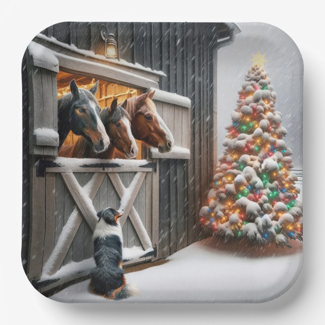 Christmas Horse Barn With Australian Shepherd Dog Paper Plates (Front)