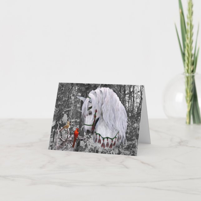 Christmas Horse & Cardinals 4" x 5.6" Holiday Card (Front)
