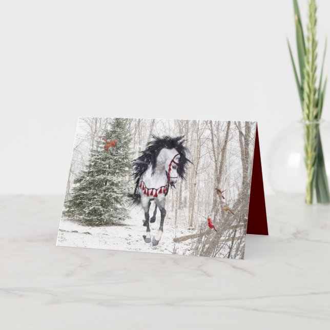 Christmas Horse & Cardinals Folded Greeting Card (Front)