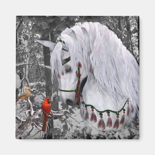 Christmas Horse & Cardinals Magnet (Front)