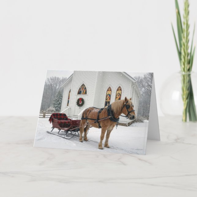 Christmas Horse-Drawn Sleigh Waiting By a Chapel Card (Front)