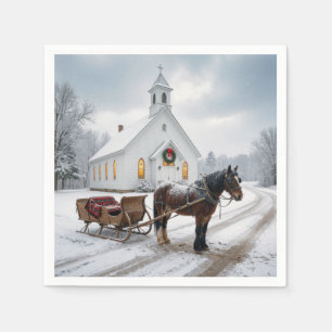 Christmas Horse-Drawn Sleigh Waiting By a Chapel Napkins