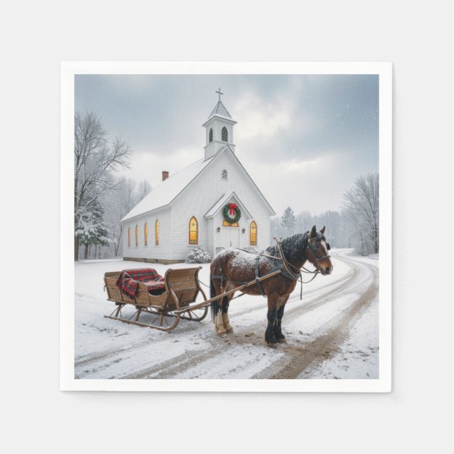 Christmas Horse-Drawn Sleigh Waiting By a Chapel Napkins (Front)
