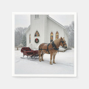 Christmas Horse-Drawn Sleigh Waiting By a Chapel Napkins