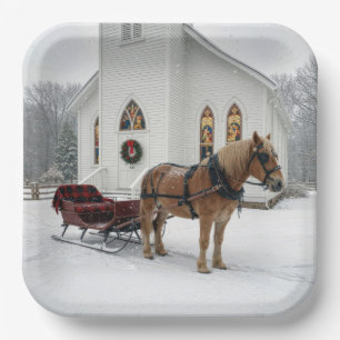 Christmas Horse-Drawn Sleigh Waiting By a Chapel Paper Plates