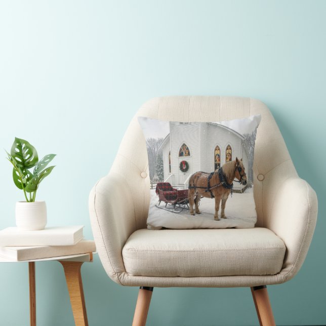 Christmas Horse-Drawn Sleigh Waiting By a Chapel Throw Pillow (Chair)