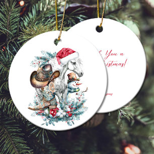 Christmas horse in Santa hat cowgirl cowboy boots Ceramic Ornament