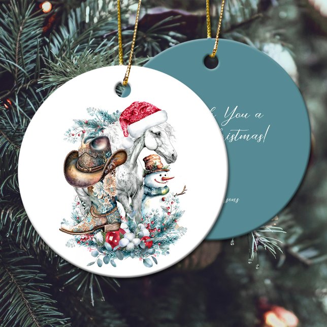 Christmas horse in Santa hat cowgirl cowboy boots  Ceramic Ornament (Christmas horse in Santa hat cowgirl cowboy boots Ceramic Ornament)