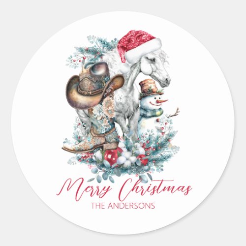 Christmas horse in Santa hat cowgirl cowboy boots  Classic Round Sticker
