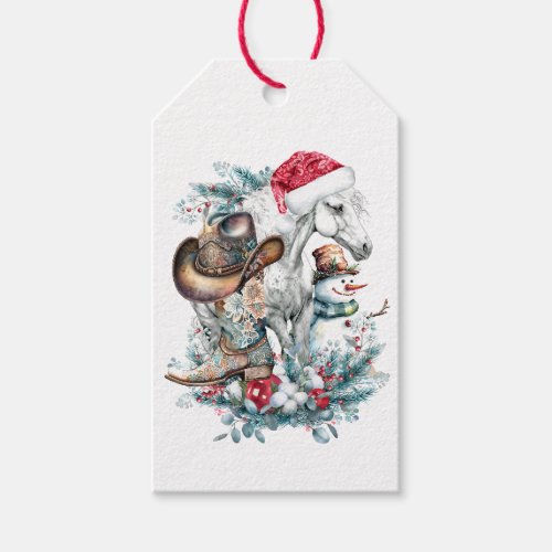 Christmas horse in Santa hat cowgirl cowboy boots  Gift Tags