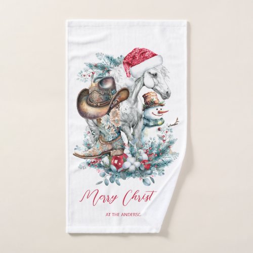 Christmas horse in Santa hat cowgirl cowboy boots  Hand Towel