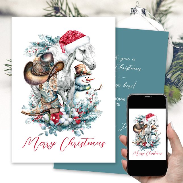 Christmas horse in Santa hat cowgirl cowboy boots  Holiday Card (Horse in Santa hat western cowgirl cowboy Christmas card with cowboy hat cowboy boots)