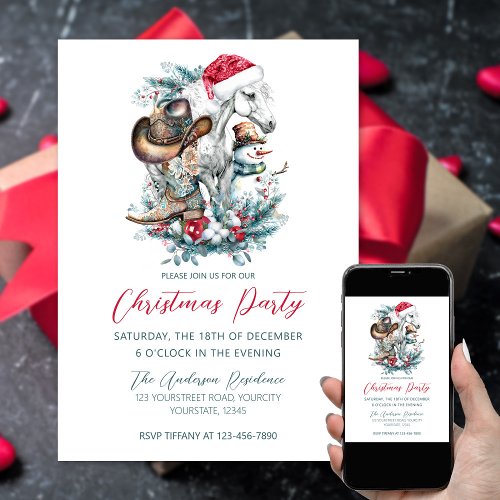 Christmas horse in Santa hat cowgirl cowboy boots  Invitation