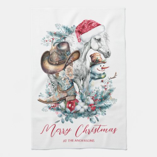 Christmas horse in Santa hat cowgirl cowboy boots  Kitchen Towel