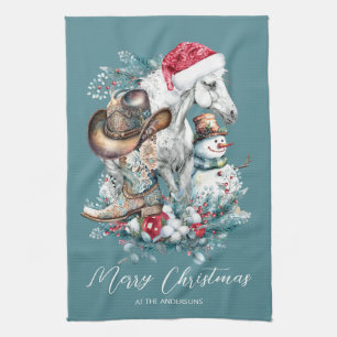 Christmas horse in Santa hat cowgirl cowboy boots Kitchen Towel
