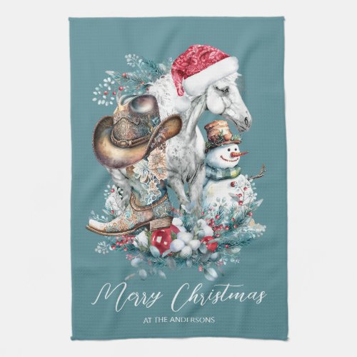 Christmas horse in Santa hat cowgirl cowboy boots  Kitchen Towel