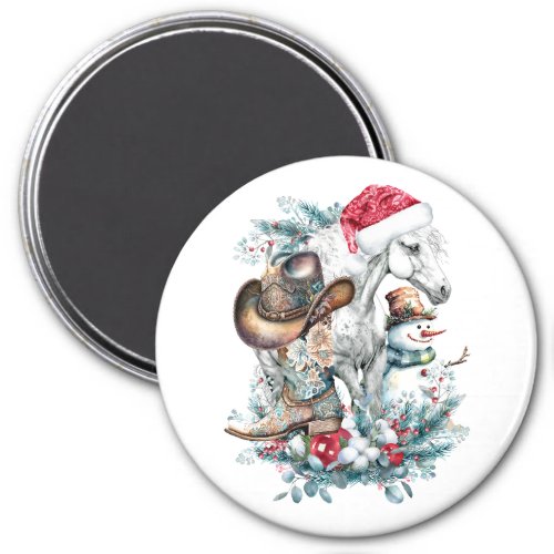 Christmas horse in Santa hat cowgirl cowboy boots  Magnet