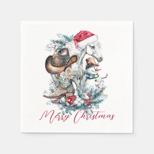 Christmas horse in Santa hat cowgirl cowboy boots  Napkins